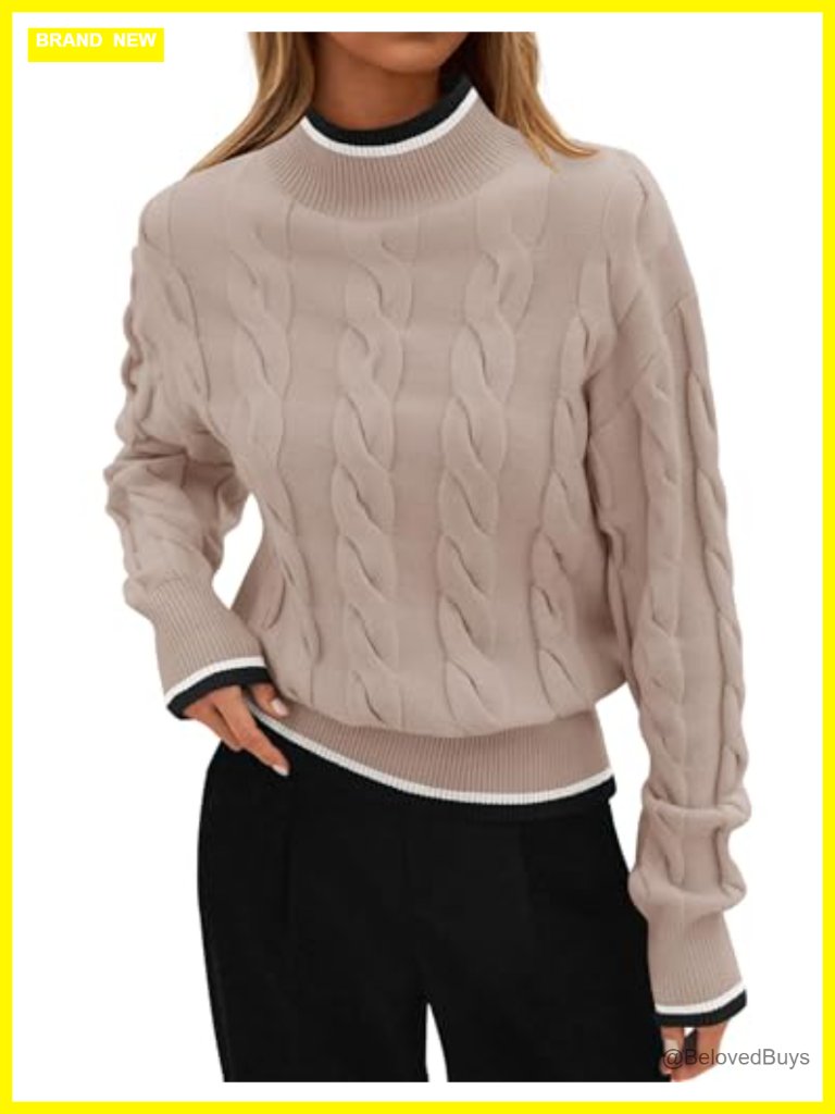 Womens Casual Mock Neck Cable Knit Chunky Pullover Sweater Fall Winter